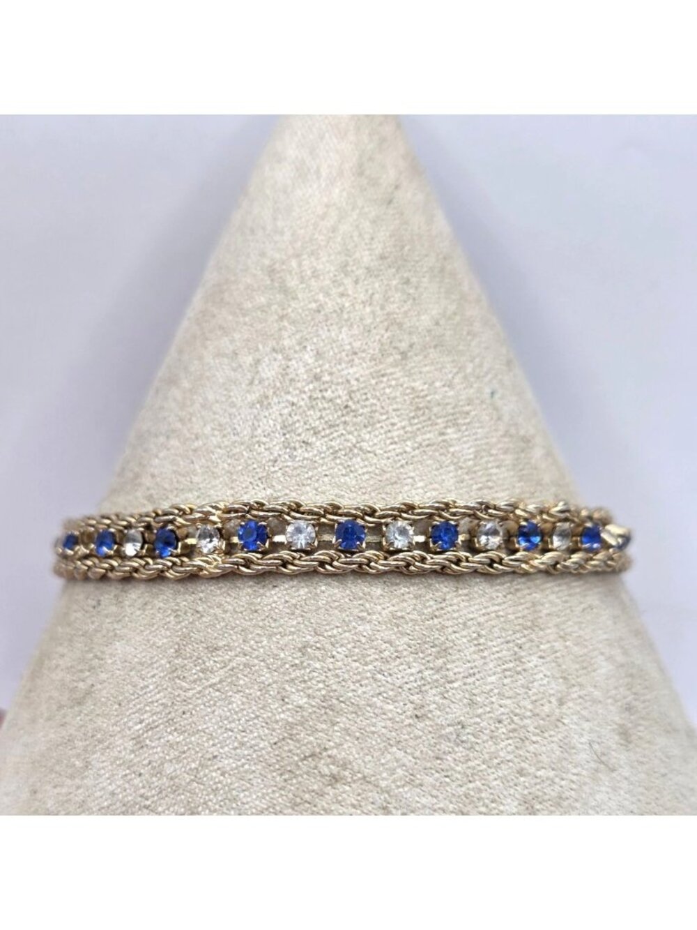 Gold-Tone Bracelet With Blue & Clear Rhinestones Double Rope Chain Design Fold-O